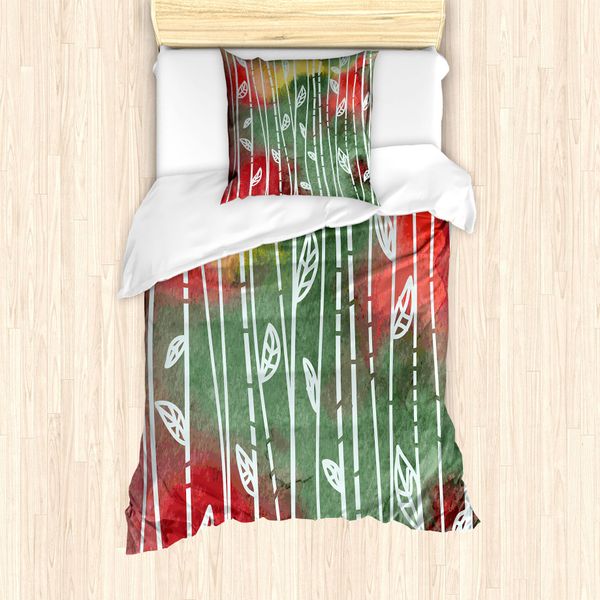 Abakuhaus Set Copripiumino Per Letto Singolo, Foglie Doodle Esotiche, Antiacaro, Adatto A Chi Soffre Di Allergie, Con Federa, 135 Cm X 200 Cm - 80 X 80 Cm, Verde Giada-Giallo-Rosso-image