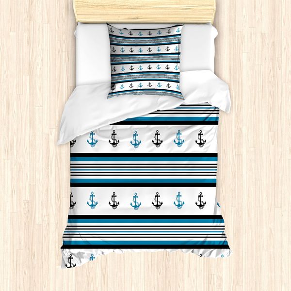 Abakuhaus Set Copripiumino Per Letti Singoli, Anchor Hipster, Antiacaro, Adatto A Chi Soffre Di Allergie, Con Federa, 135 Cm X 200 Cm - 80 X 80 Cm, Blu, Nero, Bianco-image