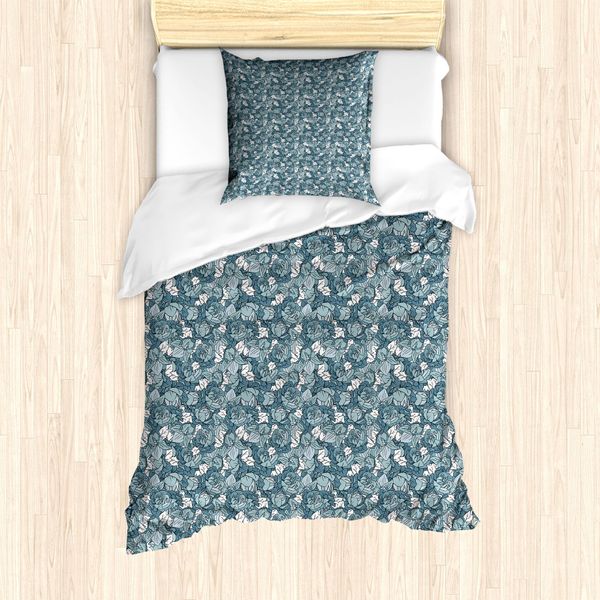 Abakuhaus Set Copripiumino Per Letto Singolo, Botanical Nostalgic, Antiacaro, Adatto A Chi Soffre Di Allergie, Con Federa, 135 Cm X 200 Cm - 80 X 80 Cm, Blu Ardesia E Bianco-image