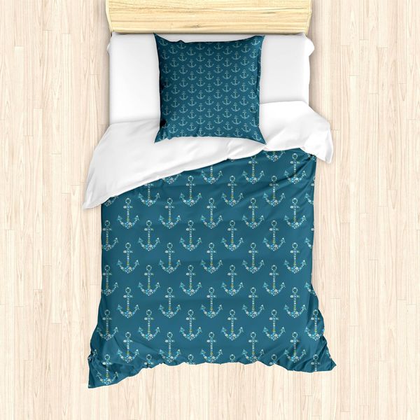 Abakuhaus Set Copripiumino Anker, Ancore Stilizzate Con Figure Marittime, Pesci, Animali Marini Sottomarini, 135 X 200 Cm + 80 X 80 Cm, Blu Petrolio, Azzurro Cielo-image