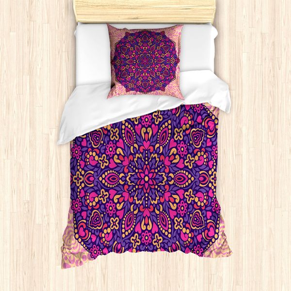 Abakuhaus Set Copripiumino Viola Mandala Per Letti Singoli, Stile Orientale Astratto, Antiacaro, Adatto A Chi Soffre Di Allergie, Con Federa, 135 Cm X 200 Cm - 80 X 80 Cm, Multicolore-image