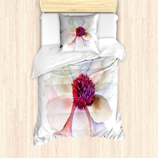 Abakuhaus Set Copripiumino Per Letto Singolo, Acquerello, Motivo Floreale, Antiacaro, Adatto A Chi Soffre Di Allergie, Con Federa, 135 Cm X 200 Cm - 80 X 80 Cm, Fucsia-Crema-image