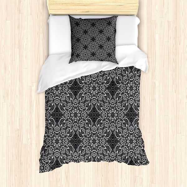 Abakuhaus Set Copripiumino Bianco E Nero, Composizione Astratta Monocromatica Con Motivi Floreali E Fogliame, 135 X 200 Cm + 80 X 80 Cm, Bianco Nero-image