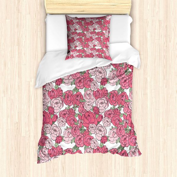 Abakuhaus Set Copripiumino Romantico Per Letti Singoli, Motivo Floreale Con Rose, Antiacaro, Adatto A Chi Soffre Di Allergie, Con Federa, 135 Cm X 200 Cm - 80 X 80 Cm, Bianco, Verde, Rosa Pastello-image