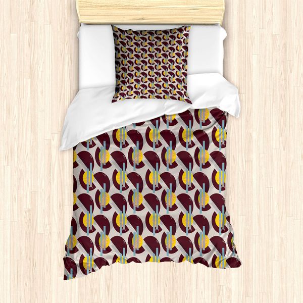 Abakuhaus Set Copripiumino Retrò Per Letti Singoli, 80 Cm Forme Geometriche Colorate, Antiacaro, Adatto A Chi Soffre Di Allergie, Con Federa, 135 Cm X 200 Cm - 80 X 80 Cm, Polvere Fucsia Scuro Arancione-image