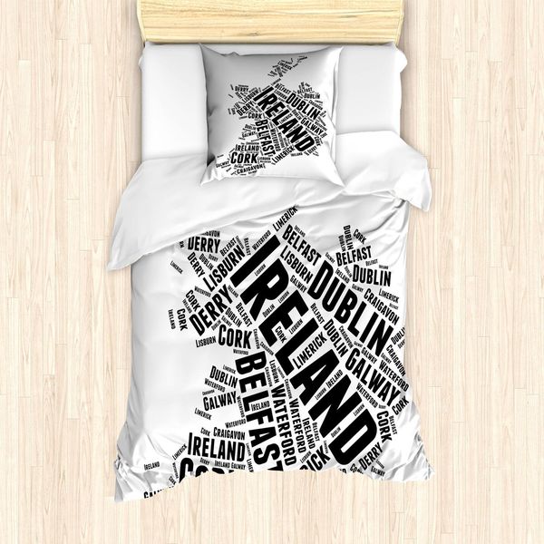 Abakuhaus Irlanda Mappa Set Copripiumino, Design Moderno Kalli Monocromatico Con Nomi Delle Città, 135 X 200 Cm + 80 X 80 Cm, Grigio Antracite E Bianco-image