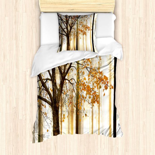 Abakuhaus Set Copripiumino Autunnale Per Letti Singoli, Rami Spogli E Foglie Autunnali, Antiacaro, Adatto A Chi Soffre Di Allergie, Con Federa, 135 Cm X 200 Cm - 80 X 80 Cm, Tortora Arancione-image