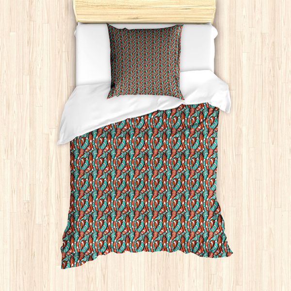 Abakuhaus Set Copripiumino Astratto Per Letti Singoli, Linee Ondulate Grunge, Antiacaro, Adatto A Chi Soffre Di Allergie, Con Federa, 135 Cm X 200 Cm - 80 X 80 Cm, Vermiglio Turchese-image