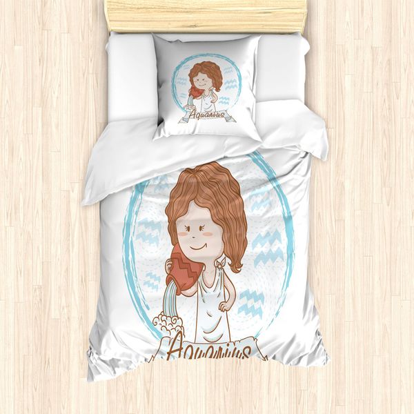 Abakuhaus Segno Zodiacale Acquario Set Copripiumino Per Letti Singoli, Ragazza Con Secchio, Antiacaro, Adatto A Chi Soffre Di Allergie, Con Federa, 135 Cm X 200 Cm - 80 X 80 Cm, Cannella Azzurro Pallido-image