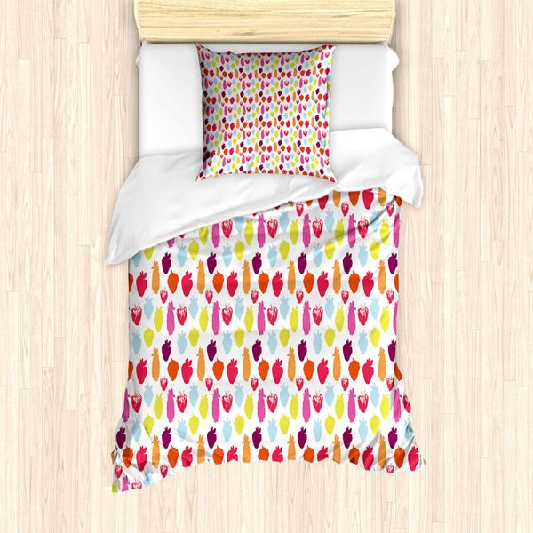 Abakuhaus Set Copripiumino Per Letto Singolo, Silhouette Di Frutta Colorata, Antiacaro, Adatto A Chi Soffre Di Allergie, Con Federa, 135 Cm X 200 Cm - 80 X 80 Cm, Bianco Multicolore-image