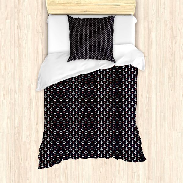 Abakuhaus Set Copripiumino Anker, Motivo Con Piccole Ancore Bianche E Cuoricini Rossi Vacanza Romantica E Piacevole, 135 X 200 Cm + 80 X 80 Cm, Nero Bianco Rosso-image