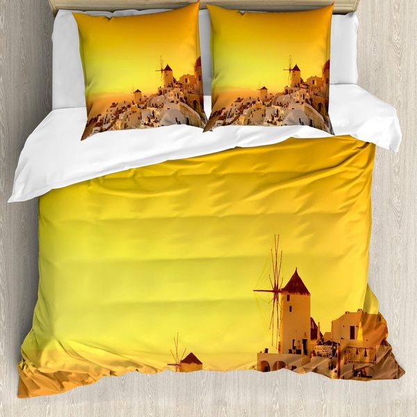 Abakuhaus Grecia Set Copripiumino, Tramonto A Oia Village Sull'isola Di Santorini, Vacanze Estive Nel Mediterraneo, 155 X 220 Cm + 80 X 80 Cm, Marigold Ivory E Brown-image