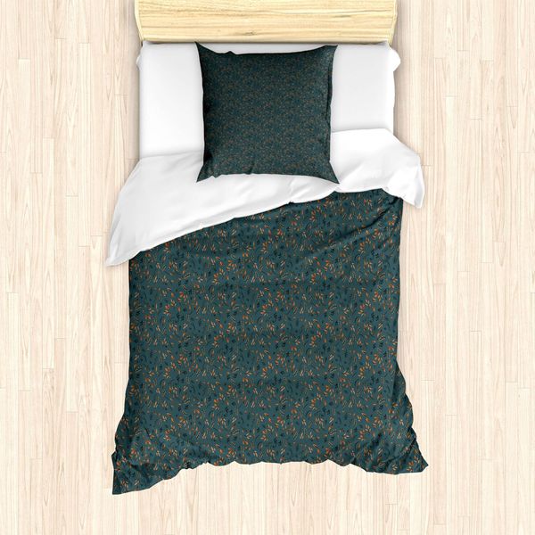Set Copripiumino Abakuhaus, Dettagli Minimalisti Con Foglie Sparse Autunnali, Tema Botanico Stagionale, 135 X 200 Cm + 80 X 80 Cm, Blu Scuro E Verde Zenzero-image