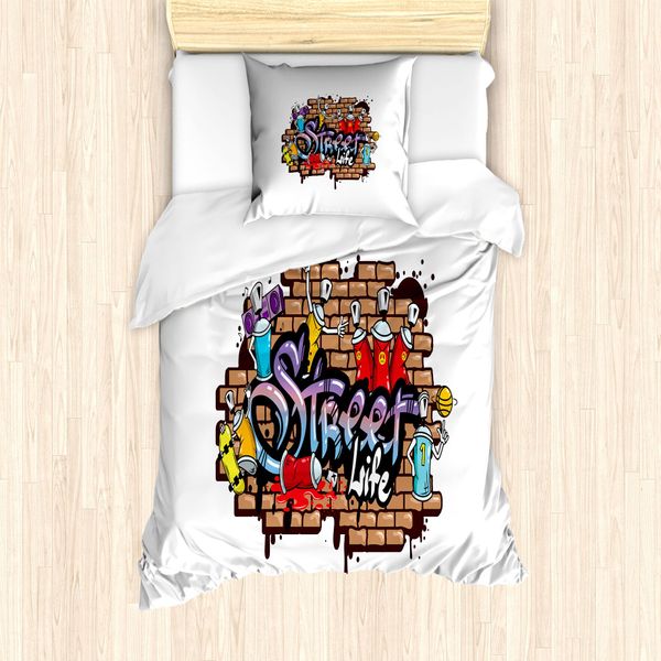 Set Copripiumino Abakuhaus Per Letti Singoli, Street Life Graffiti-Kunst, Antiacaro, Adatto A Chi Soffre Di Allergie, Con Federa, 135 Cm X 200 Cm - 80 X 80 Cm, Multicolore-image
