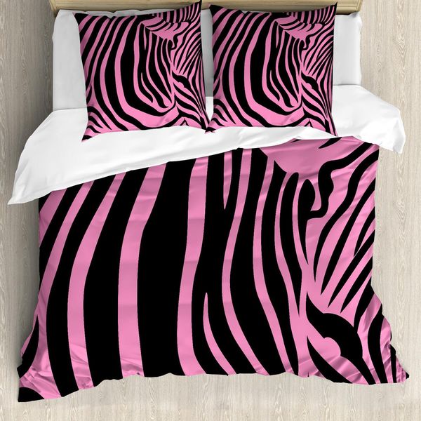 Abakuhaus Set Copripiumino Rosa Zebrato, Sfondo Vibrante, Pelle Di Zebra, Artistico, Avanguardistico, Tribale, Punk Indie Selvaggio, 155 X 220 Cm + 80 X 80 Cm, Fucsia Nero-image