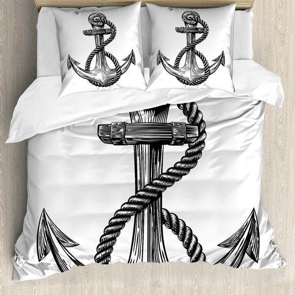 Abakuhaus Set Copripiumino Anker, Disegno Vintage Nautico Marittimo Oceano Icone Corda Scarabocchi Illustrazione, 155 X 220 Cm + 80 X 80 Cm, Bianco E Nero-image