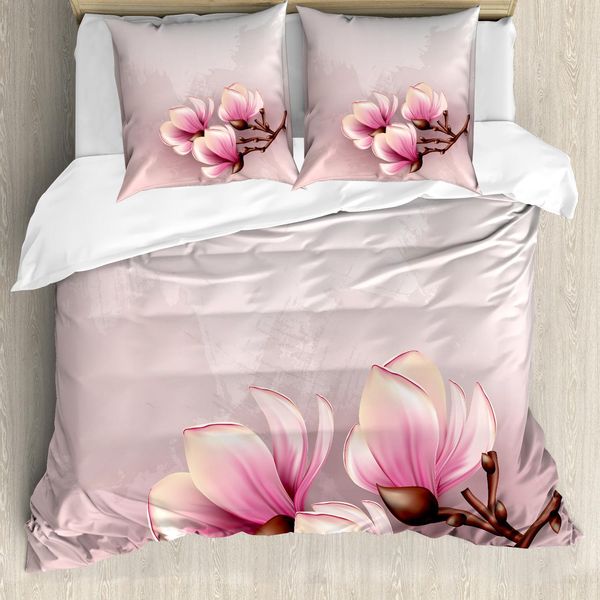 Abakuhaus Set Copripiumino Magnolia, Petali Femminili Fioritura Primaverile Su Pennellate Grunge, 200 X 200 Cm + 80 X 80 Cm, Rosa Baby Marrone Rosa-image