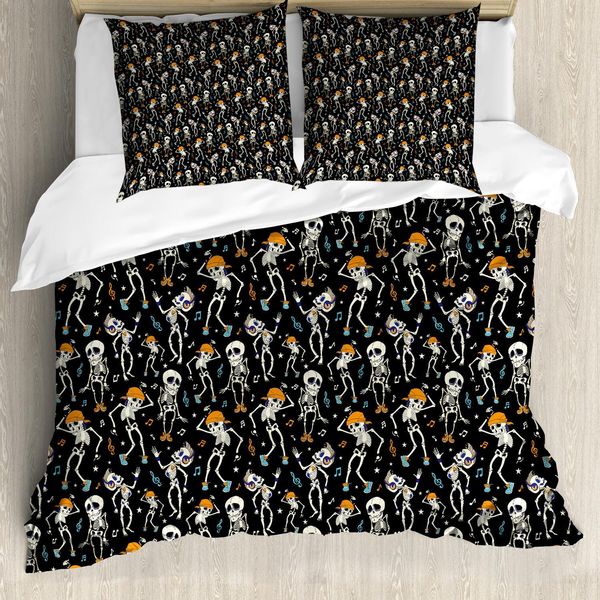 Set Copripiumino Abakuhaus Skelett, Personaggi Di Halloween Che Ballano Allegramente, Note Musicali E Stelle, 200 X 200 Cm + 80 X 80 Cm, Grigio Antracite Multicolore-image