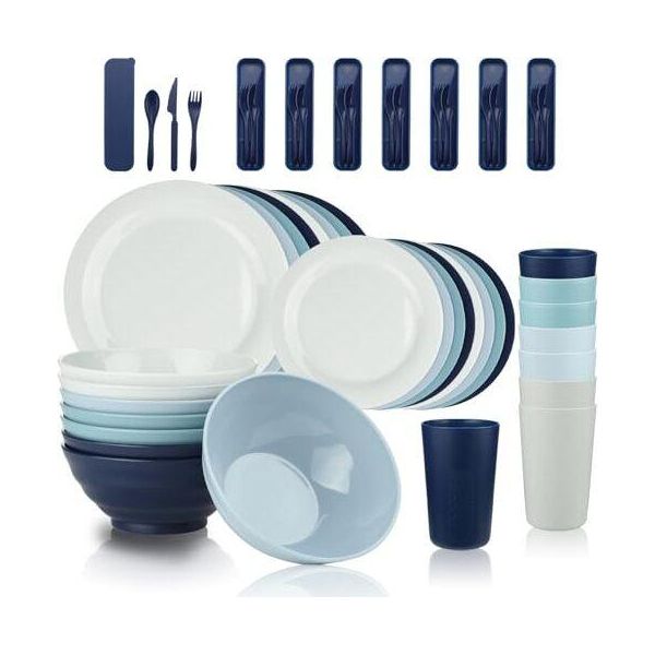 Bewos 40 Confezioni Set Di Stoviglie In Plastica Infrangibile, Stoviglie Da Campeggio Per 8 Persone, Piatti, Tazze, Ciotole, Posate, Lavabili In Lavastoviglie E A Microonde-image