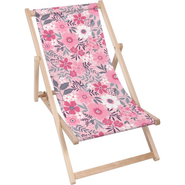 Lettino Dreamroots Pieghevole In Legno, In Legno Di Faggio Fino A 130 Kg, Lettino Pieghevole Con Regolazione Dell'inclinazione Dello Schienale In 3 Fasi, Pink Flowers-image