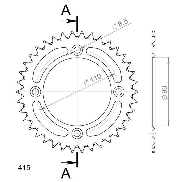 Pignone In Alluminio Supersprox 415 - 39T (Nero) RAL-452:39-BLK|ID 90,0 Lk 110,0 4 Fori-image