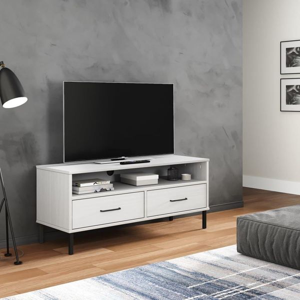 The Living Store Mobile Tv Oslo Con Gambe In Metallo Legno Di Pino Massiccio Bianco-image