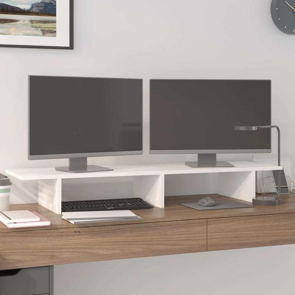 The Living Store Supporto Per Monitor Bianco 100X27X15 Cm In Legno Di Pino Massiccio-image