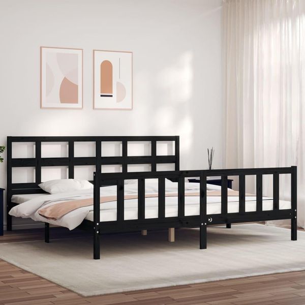The Living Store Letto In Legno Massiccio Con Testiera Nera 200X200 Cm-image