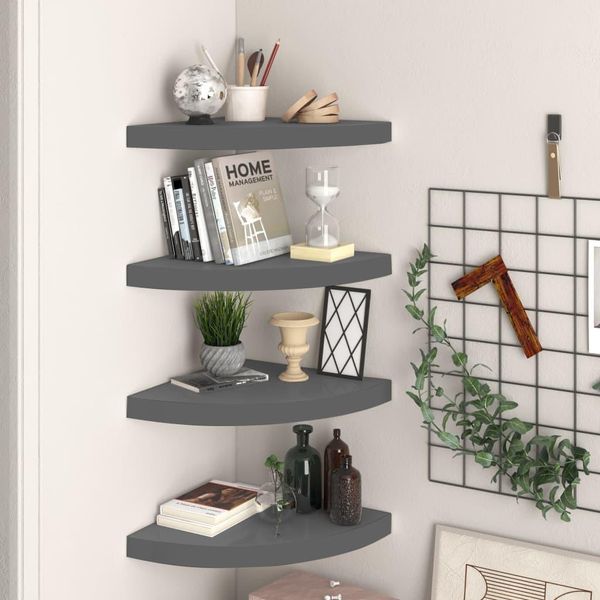 The Living Store Mensole Galleggianti Ad Angolo 4 Pz. Mdf Grigio Lucido 35X35X3,8 Cm-image