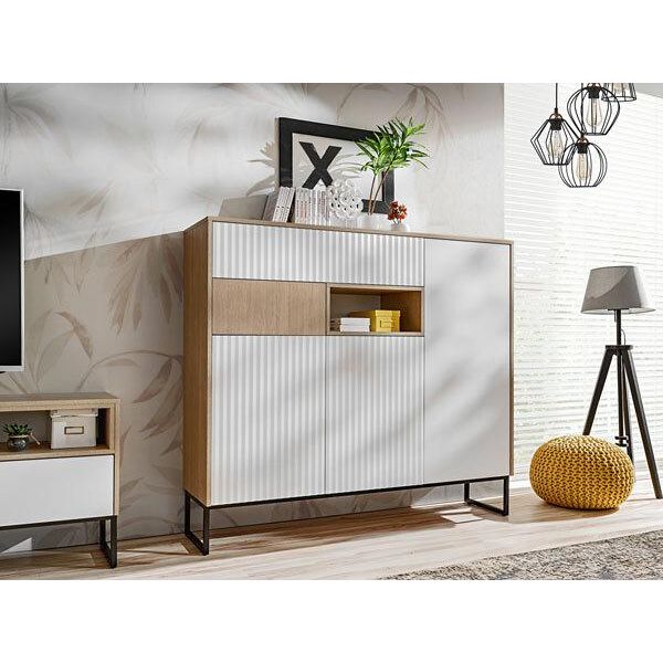 Cassettiera Zoe 148,5X40X132Cm A Spina Di Pesce Skandi Bianco A 3 Ante In Mdf Senza Maniglie-image