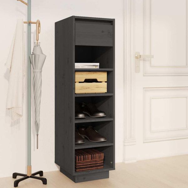 The Living Store Portascarpe Grigio 30X34X105 Cm In Legno Di Pino Massiccio-image