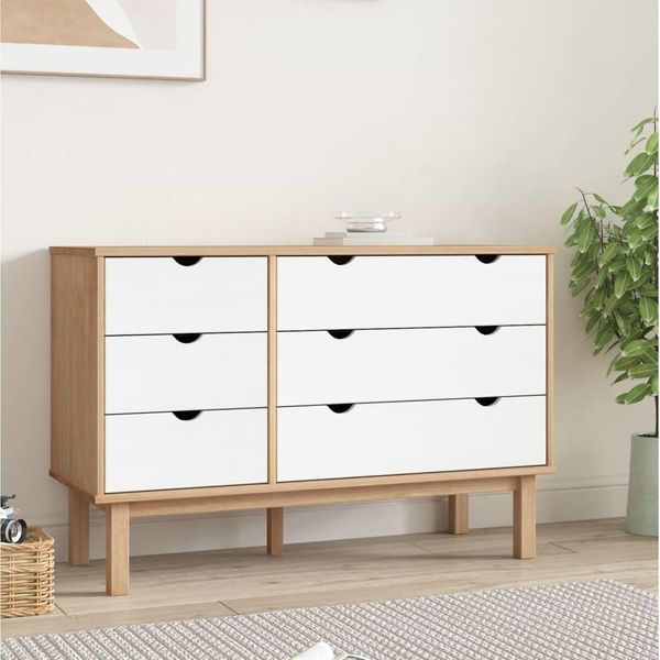 The Living Store Cassettiera Otta Brown & White 111X43X73,5 Cm In Legno Massiccio-image