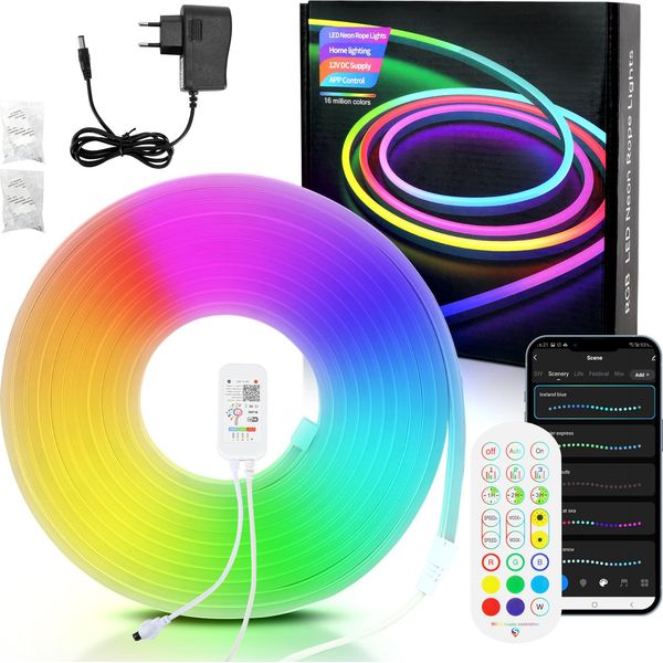 Tolletour Striscia Led Neon Dimmerabile 2M, Striscia Led Neon Rgbic, Controllo App E Telecomando Timer Sincronizzazione Musica, Con Alexa E Google Assistant Deco Per Interni Esterni-image