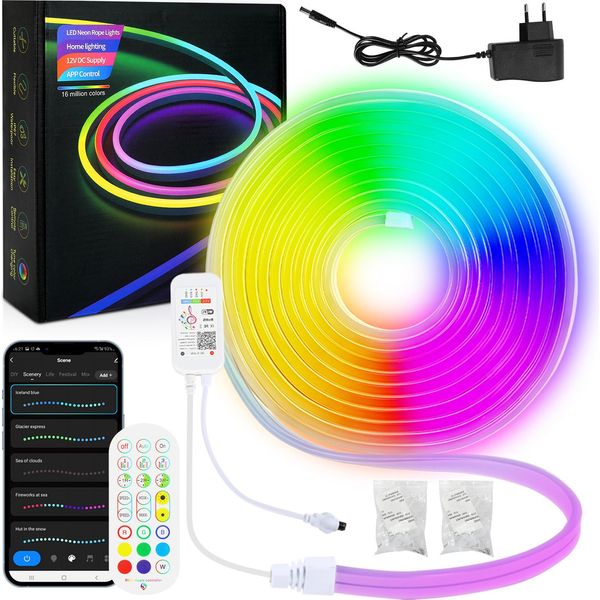 Jopassy Neon Striscia Led Dimmerabile 2M, Striscia Led Al Neon Rgbic, Controllo Tramite App E Telecomando, Sincronizzazione Musicale Del Timer, Con Alexa E Google Assistant-image