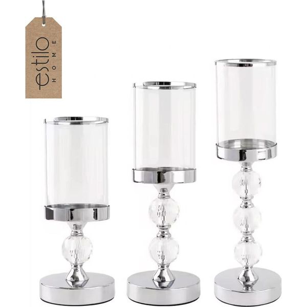 Portacandele A Lanterna In Vetro Con Glamour Argentato - Set Di 3 Pezzi.-image