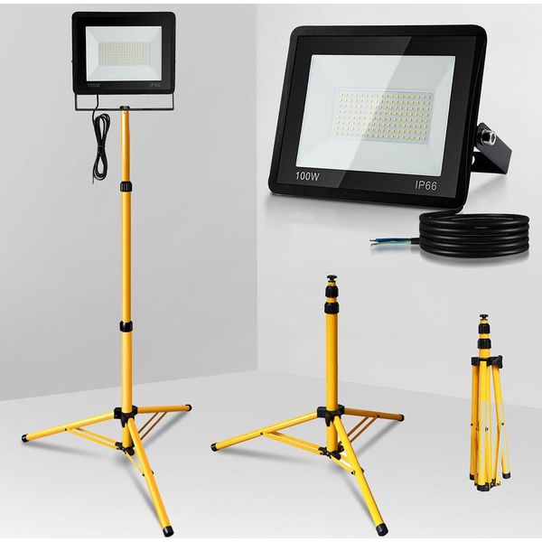 Jayseuw Faro Da Cantiere A Led 100W Faro A Led Con Treppiede Faro Da Esterno IP74 Faro Impermeabile Faro Da Lavoro Bianco Caldo-image