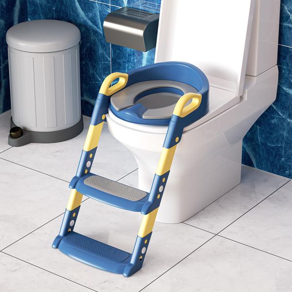 Clanmacy Vasino Di Apprendimento Con Gradini Vasino Regolabile Per Bambini Seggiolino Per Wc Vasino Trainer Antiscivolo Blu Scuro-image
