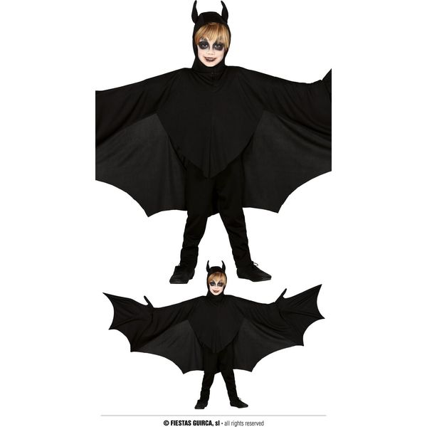 Costume Avventura Pipistrello Con Cappuccio Animale Halloween Capo Tunica Nero Ali Fantasia Scuro Design Creativo Bambini Divertimento, Taglia: 128/134 Colore: Nero-image