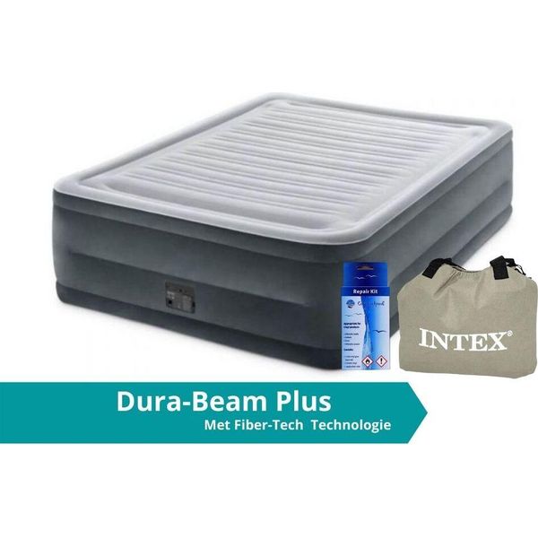 Intex Comfort Plush - Materasso Ad Aria - Doppio - Con Kit Di Riparazione E Pompa Incorporata - 203X152X56 Cm - Pvc - Grigio-image