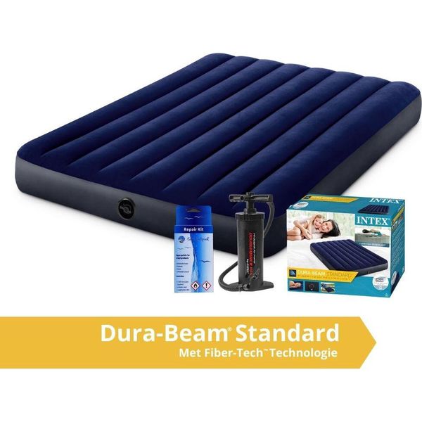 Intex Classic Dura-Beam - Materasso Ad Aria - Doppio - Con Kit Di Riparazione E Pompa A Mano - 203X152X25 Cm - Pvc - Blu-image