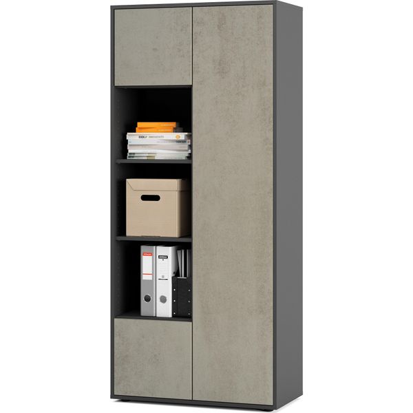 Simplyfurn Armadio Ufficio Amira T30, Armadio Con Tre Vani Aperti, Anthrazit E Cemento Ossidato, Push-To-Open, 180X80X40 Cm, Armadio Per Documenti Per Ufficio E Home Office-image
