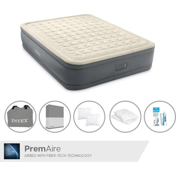 Intex Airbed - 2 Persone - 152 X 203 X 46 Cm - Grigio - Con Pompa Elettrica, Lenzuola Antracite, Cuscino, Federe Molton 2 In 1 E Set Di Riparazione-image