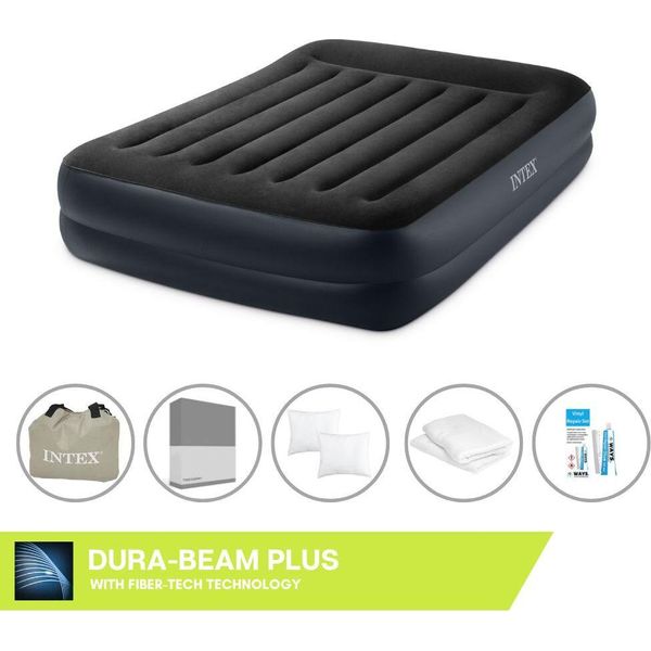 Intex Airbed - 2 Persone - 152 X 203 X 42 Cm - Blu - Con Pompa + Lenzuola Antracite + Cuscino + Federe Molton 2 In 1 + Set Di Riparazione-image