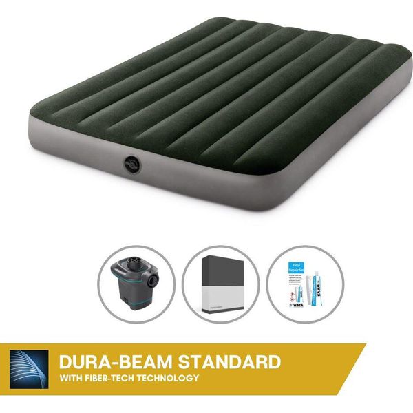 Letto Gonfiabile Intex - 2 Persone - 137 X 191 X 25 Cm - Verde + Pompa Elettrica Intex - 650 Litri/Min + Lenzuolo Nero + Kit Di Riparazione-image