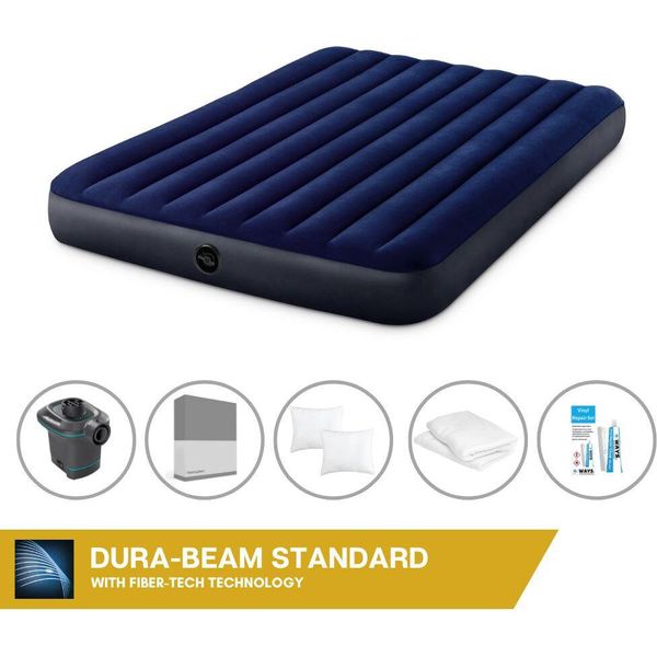 Letto Gonfiabile Intex - 2 Persone - 152 X 203 X 25 Cm Cm - Blu + Pompa Elettrica Intex - 650 Litri/Min + Lenzuola Antracite + Cuscino + Federe Molton 2 In 1 + Set Di Riparazione-image