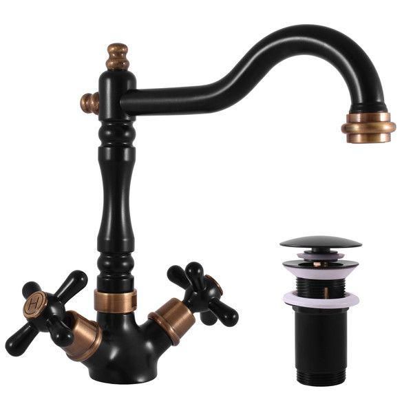 Miscelatore Per Lavabo Con Bocca Click-Clack Morava Retro, Colore: Nero Opaco/Ottone Vecchio, Dimensione: 3/8'' (MK121.0/8CMATSM)-image