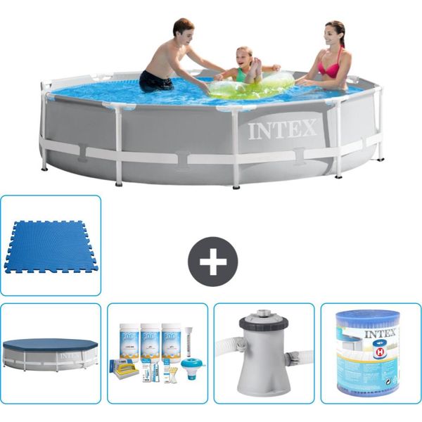 Piscina Intex Con Struttura A Prisma Rotondo - 305 X 76 Cm - Grigio - Include Copertura - Pacchetto Manutenzione - Pompa Filtro Per Piscina - Filtro - Piastrelle Per Pavimento-image