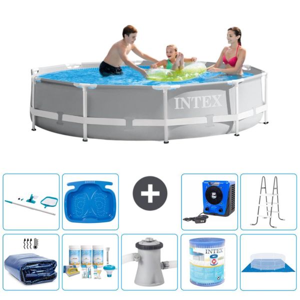 Piscina Intex Con Struttura A Prisma Rotondo - 305 X 76 Cm - Grigio - Include Tenda Da Sole - Pacchetto Manutenzione - Pompa Filtro Per Piscina - Filtro - Telo Di Fondo - Kit Pulizia-image