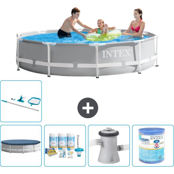 Piscina Intex Con Struttura A Prisma Rotondo - 305 X 76 Cm - Grigio - Include Copertura - Pacchetto Manutenzione - Pompa Filtro Per Piscina - Filtro - Kit Pulizia-image