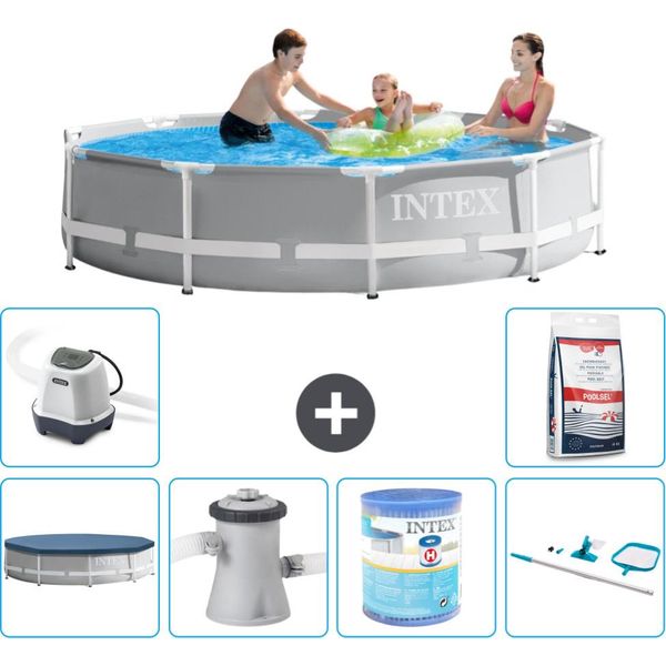 Piscina Intex Con Struttura A Prisma Rotondo - 305 X 76 Cm - Grigio - Include Copertura - Pompa Filtro Per Piscina - Filtro - Kit Di Pulizia - Sistema Di Acqua Salata -Per Piscina-image